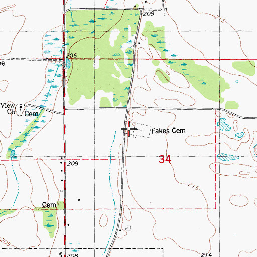 Topographic Map of Fakes Cemetery, AR