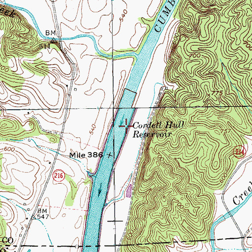 Topographic Map of Cordell Hull Reservoir, KY