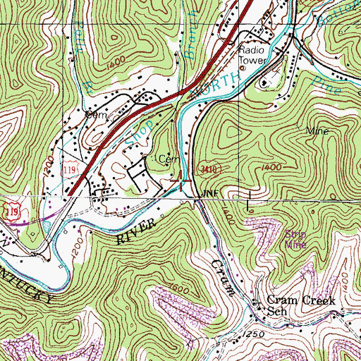 Topographic Map of Cram Creek, KY