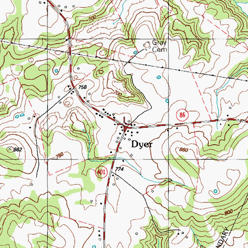Topographic Map of Dyer, KY