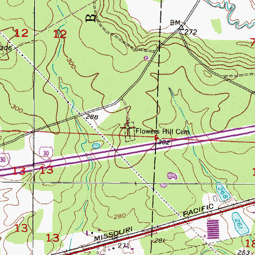 Topographic Map of Flowers Hill Cemetery, AR