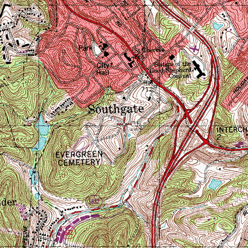 Topographic Map of Evergreen Cemetery, KY