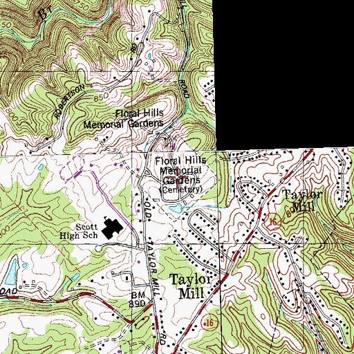 Topographic Map of Floral Hills Memorial Gardens, KY