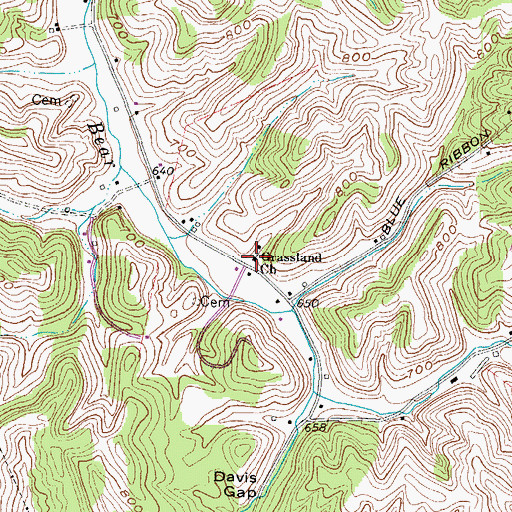 Topographic Map of Grassland Church, KY