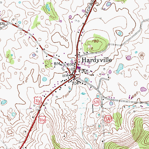 Topographic Map of Hardyville, KY