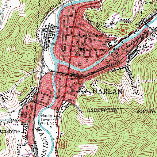 Topographic Map of Harlan, KY