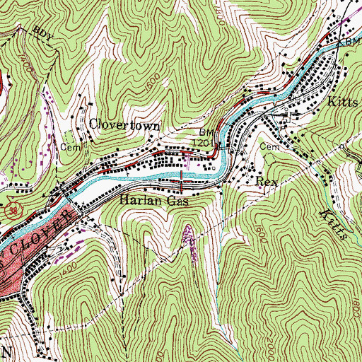 Topographic Map of Harlan Gas, KY