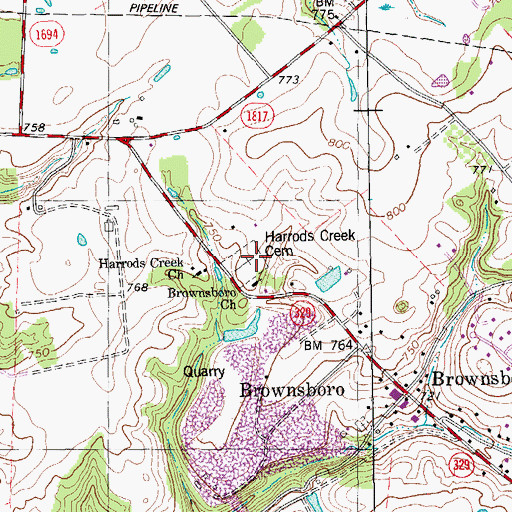 Topographic Map of Harrods Creek Cemetery, KY