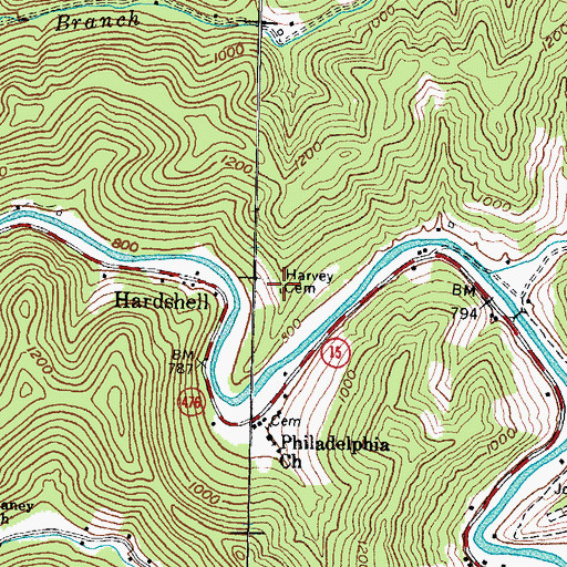 Topographic Map of Harvey Cemetery, KY