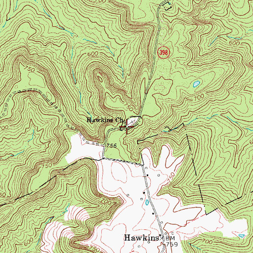 Topographic Map of Hawkins Church, KY