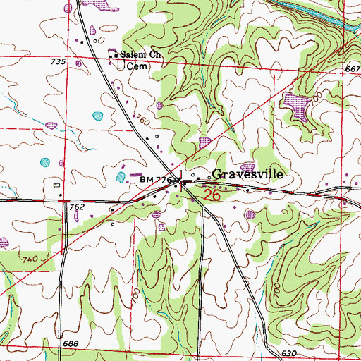 Topographic Map of Gravesville, AR