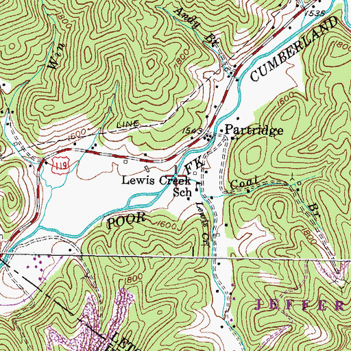 Topographic Map of Lewis Creek, KY