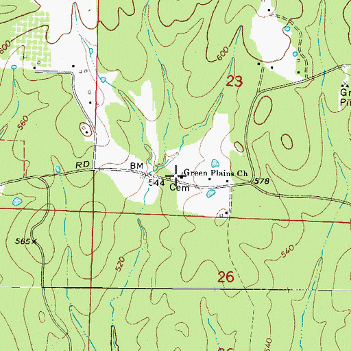 Topographic Map of Green Plains Church, AR