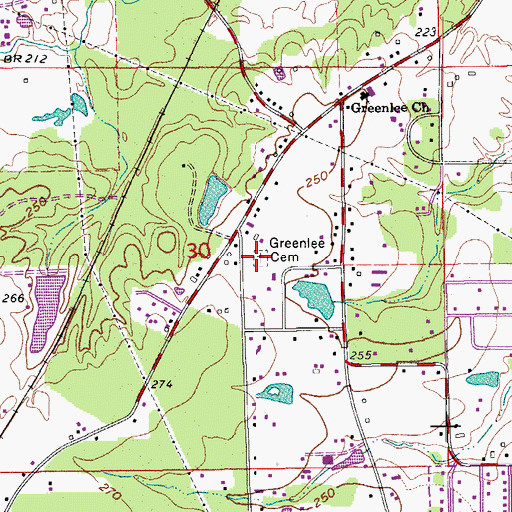 Topographic Map of Greenlee Cemetery, AR