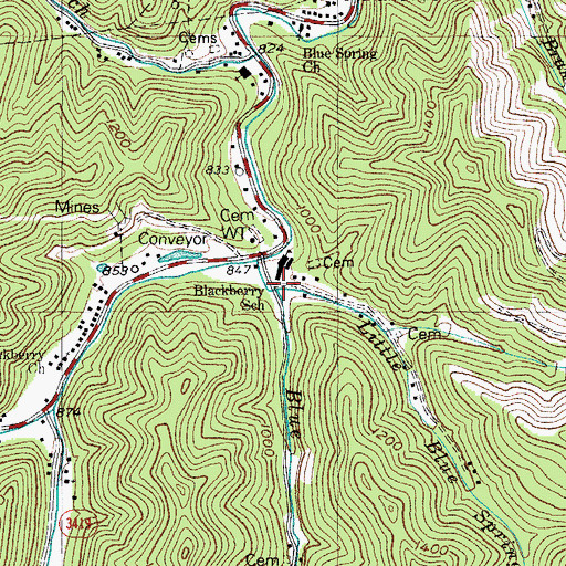 Topographic Map of Little Blue Spring Branch, KY