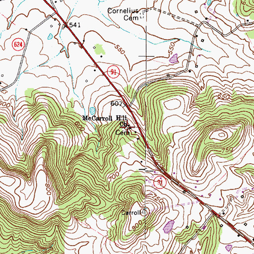 Topographic Map of McCarroll Hill Baptist Church, KY