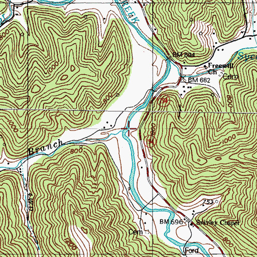 Topographic Map of McCombs Branch, KY