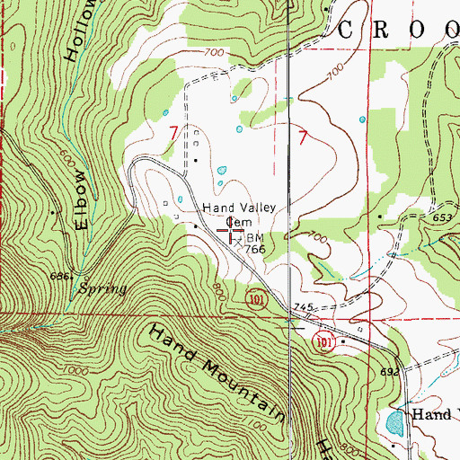 Topographic Map of Hand Valley Cemetery, AR