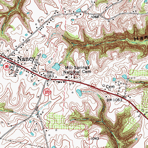 Topographic Map of Mill Springs National Cemetery, KY