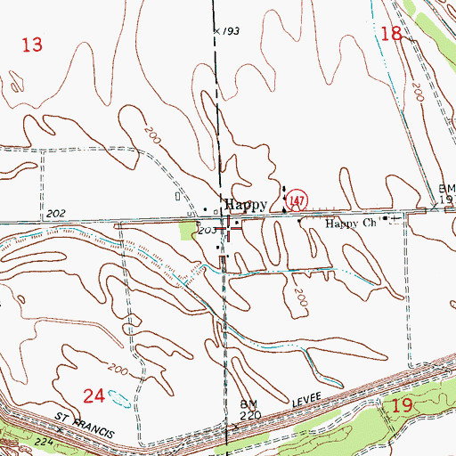 Topographic Map of Happy Cemetery, AR