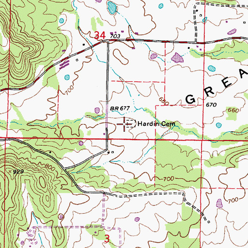 Topographic Map of Hardin Cemetery, AR
