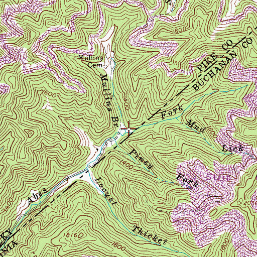 Topographic Map of Mullins Branch, KY
