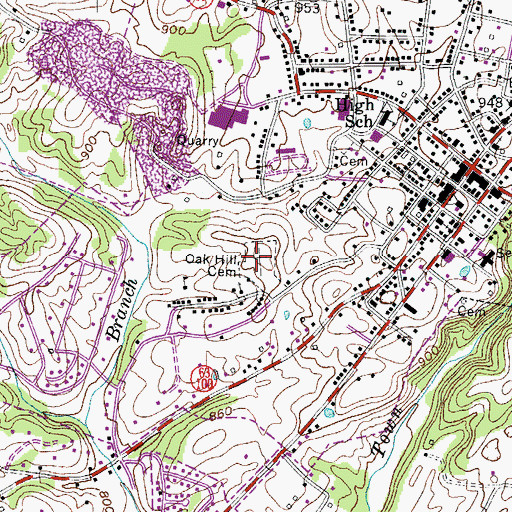 Topographic Map of Oak Hill Cemetery, KY