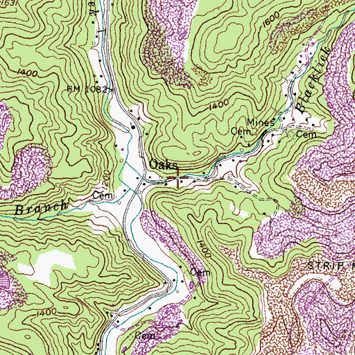 Topographic Map of Oaks, KY