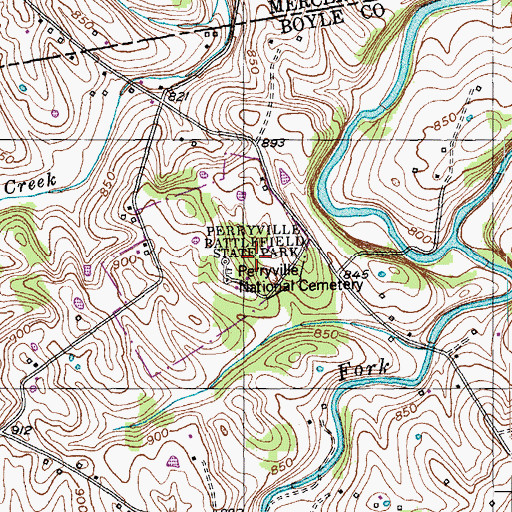 Topographic Map of Perryville Battlefield State Park, KY