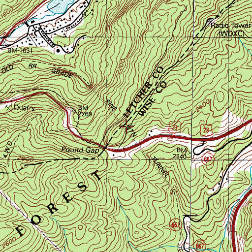 Topographic Map of Pine Mountain Tunnel, KY