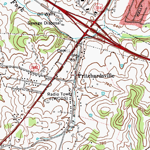 Topographic Map of Pritchardsville, KY