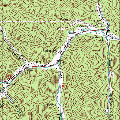Topographic Map of Right Fork Blackberry Creek, KY