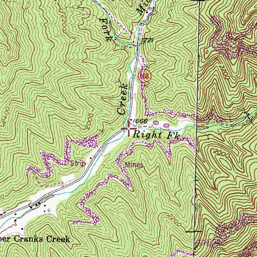 Topographic Map of Right Fork Cranks Creek, KY