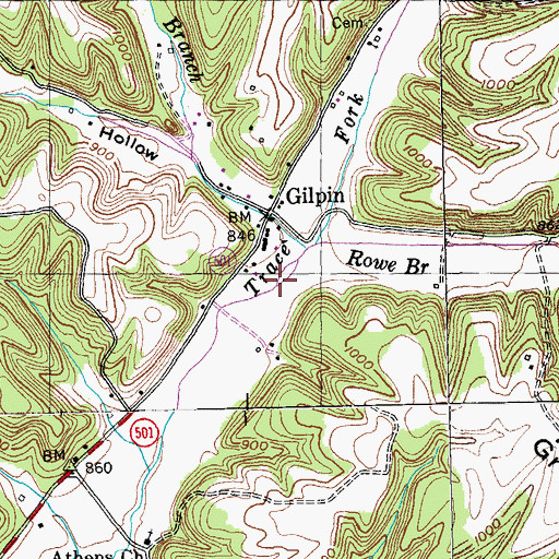 Topographic Map of Rowe Branch, KY
