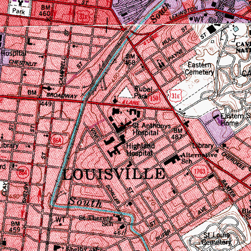 Topographic Map of Saint Anthonys Hospital, KY