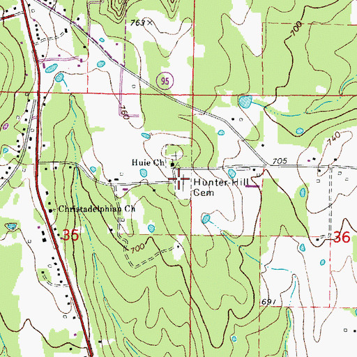 Topographic Map of Hunter-Hill Cemetery, AR