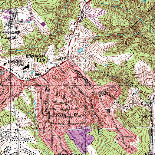 Topographic Map of Summit Hills Heights, KY