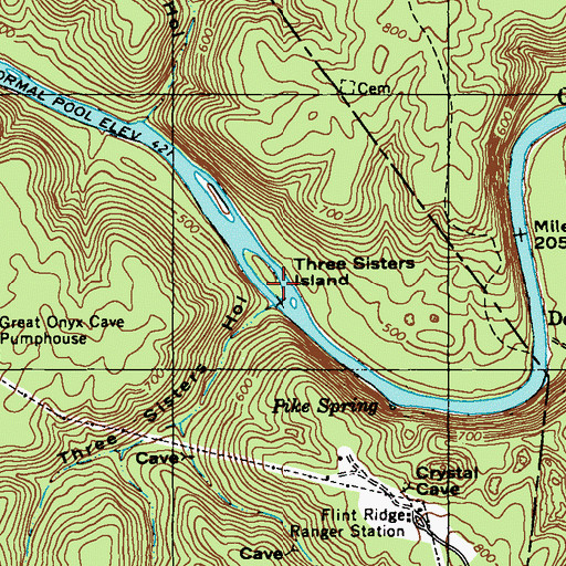 Topographic Map of Three Sisters Island, KY