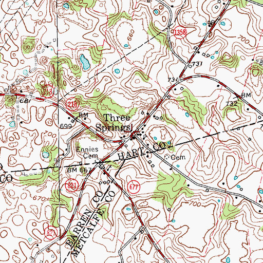 Topographic Map of Three Springs, KY