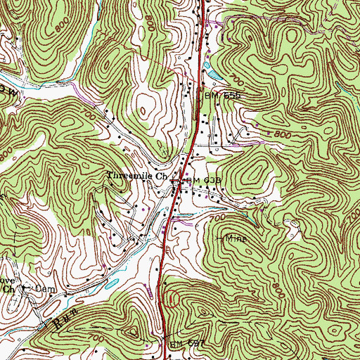 Topographic Map of Threemile Church, KY