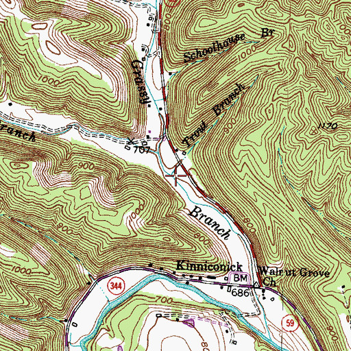 Topographic Map of Trout Branch, KY