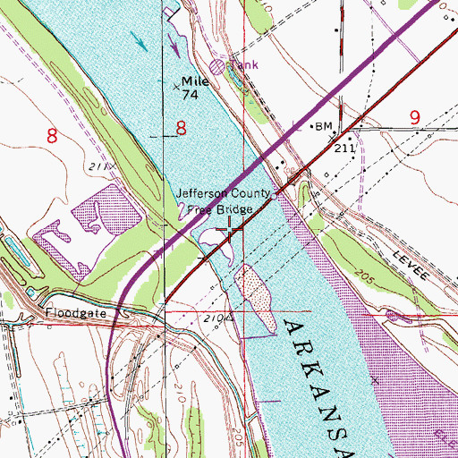 Topographic Map of Jefferson County Free Bridge, AR