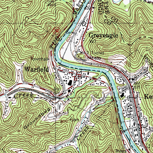 Topographic Map of Warfield, KY