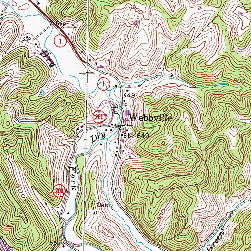 Topographic Map of Webbville, KY
