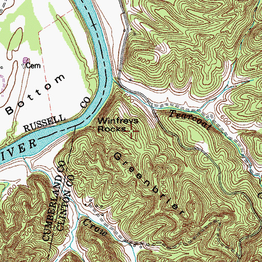 Topographic Map of Winfreys Rocks, KY