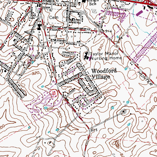 Topographic Map of Woodford Village, KY