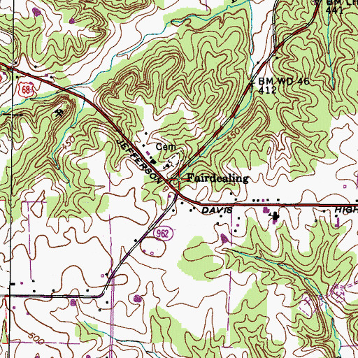 Topographic Map of Fairdealing, KY