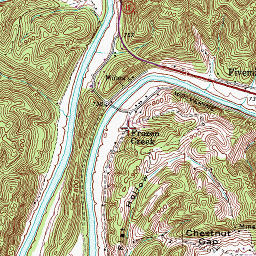 Topographic Map of Frozen Creek, KY