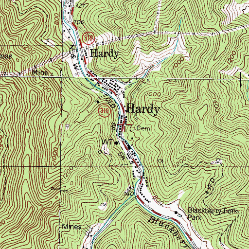 Topographic Map of Hardy, KY