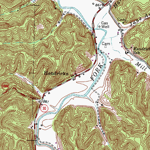 Topographic Map of Hendricks, KY